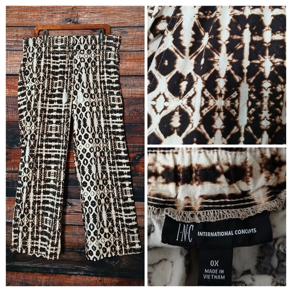 INC International Concepts Pants 0X Palazzo Linen Rayon Wide Leg Boho Brown